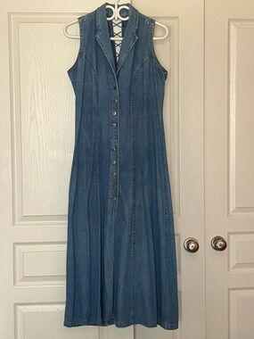Sleeveless Denim Button-Front Maxi Dress - Blue